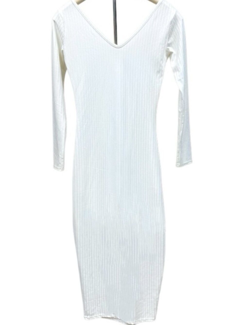New Long Sleeve Ribbed Knit White Dress Long Sleeve Stretch Y2k  V-neck Midi SM